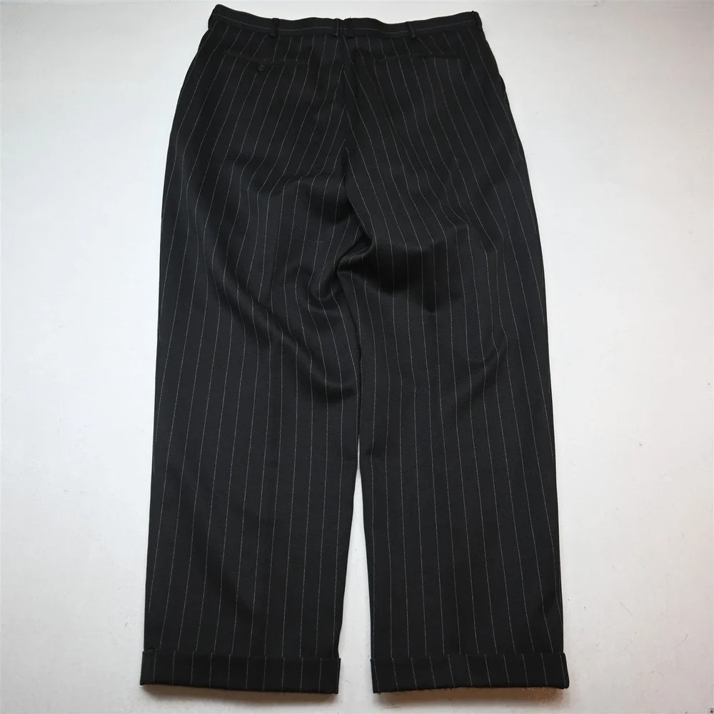 Vtg Y2K 2000s Boxy Double Breasted 48R 38x32 Black Striped Mens Suit